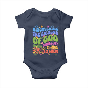 VBS 2025 Baby Onesie Discovering The Bigness Of God In The Smallest Of Things Retro Groovy TS02 Navy Print Your Wear