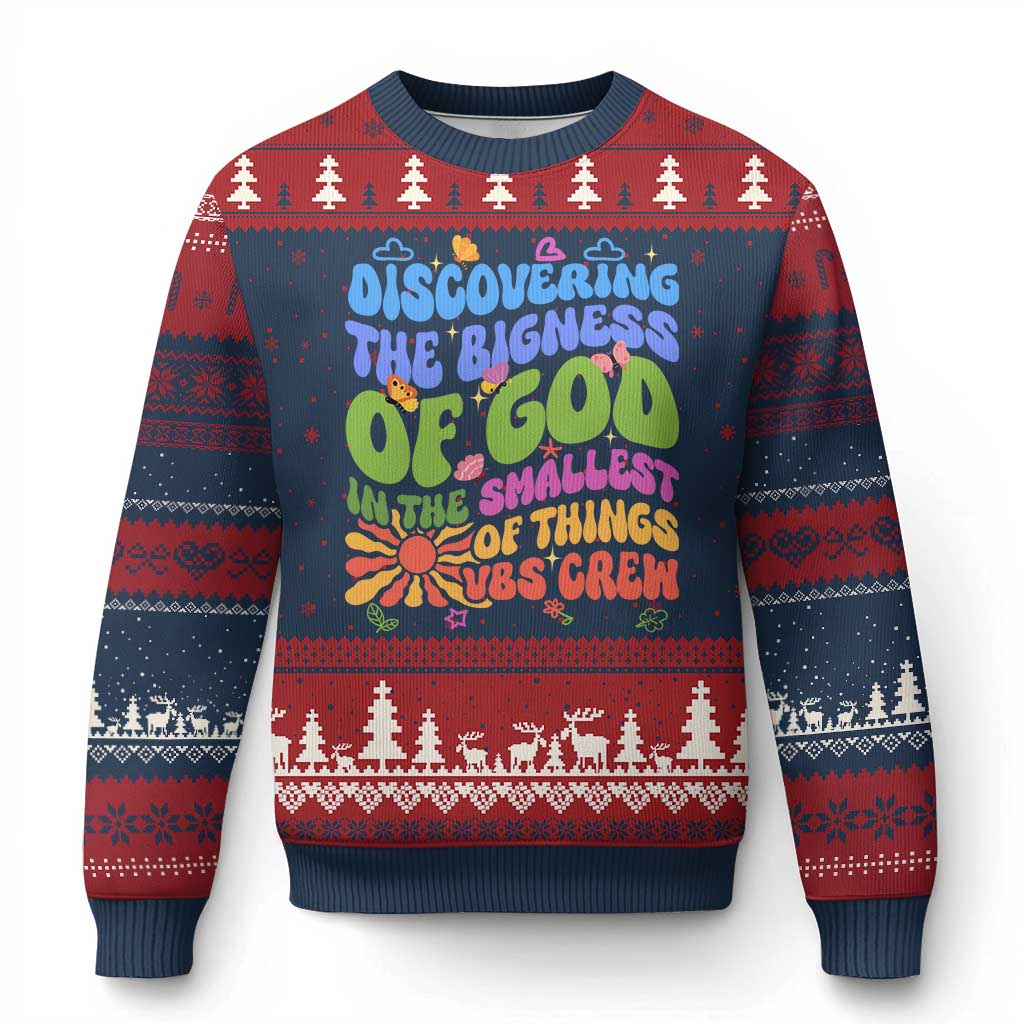 VBS 2025 Ugly Christmas Sweater Discovering The Bigness Of God In The Smallest Of Things Retro Groovy TS02 Navy Red Print Your Wear