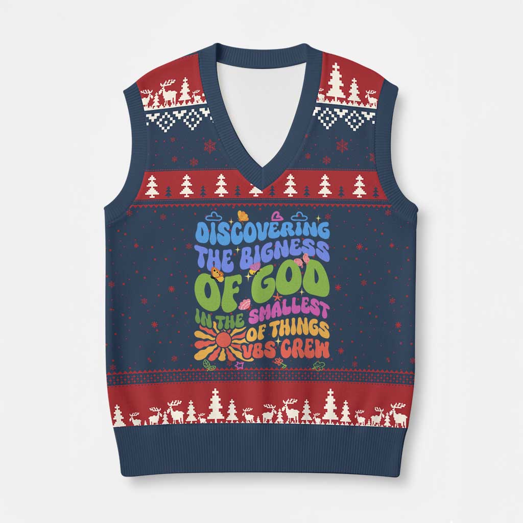 VBS 2025 V-Neck Knit Sweater Vest Discovering The Bigness Of God In The Smallest Of Things Retro Groovy TS02 Navy Red Print Your Wear