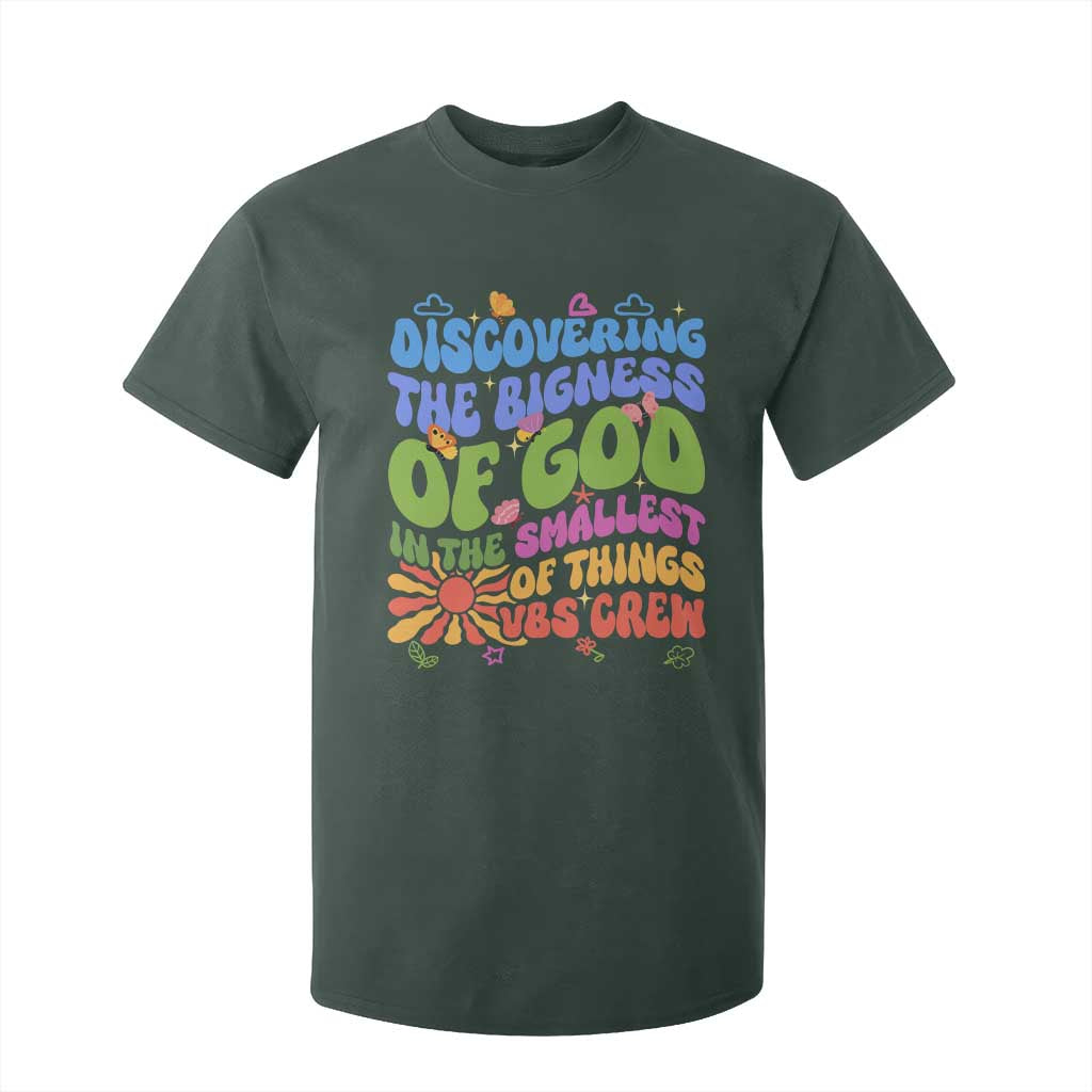 VBS 2025 T Shirt For Kid Discovering The Bigness Of God In The Smallest Of Things Retro Groovy TS02 Dark Forest Green Print Your Wear