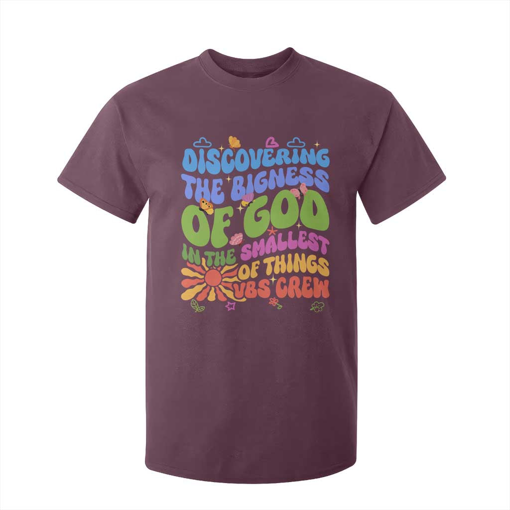 VBS 2025 T Shirt For Kid Discovering The Bigness Of God In The Smallest Of Things Retro Groovy TS02 Maroon Print Your Wear