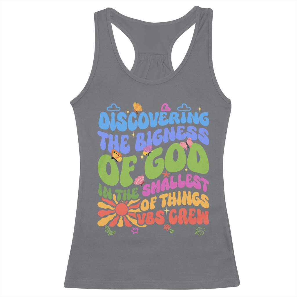 VBS 2025 Racerback Tank Top Discovering The Bigness Of God In The Smallest Of Things Retro Groovy TS02 Charcoal Print Your Wear