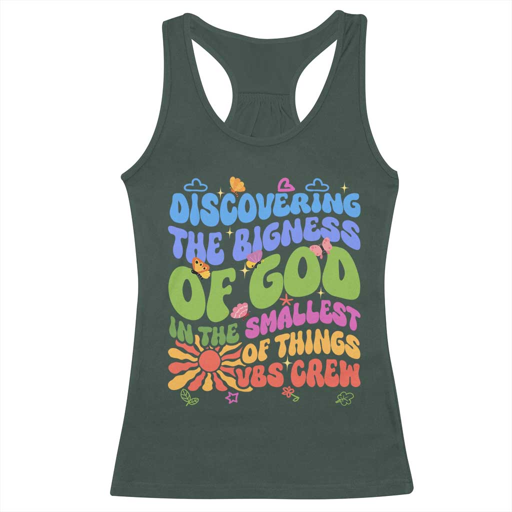 VBS 2025 Racerback Tank Top Discovering The Bigness Of God In The Smallest Of Things Retro Groovy TS02 Dark Forest Green Print Your Wear