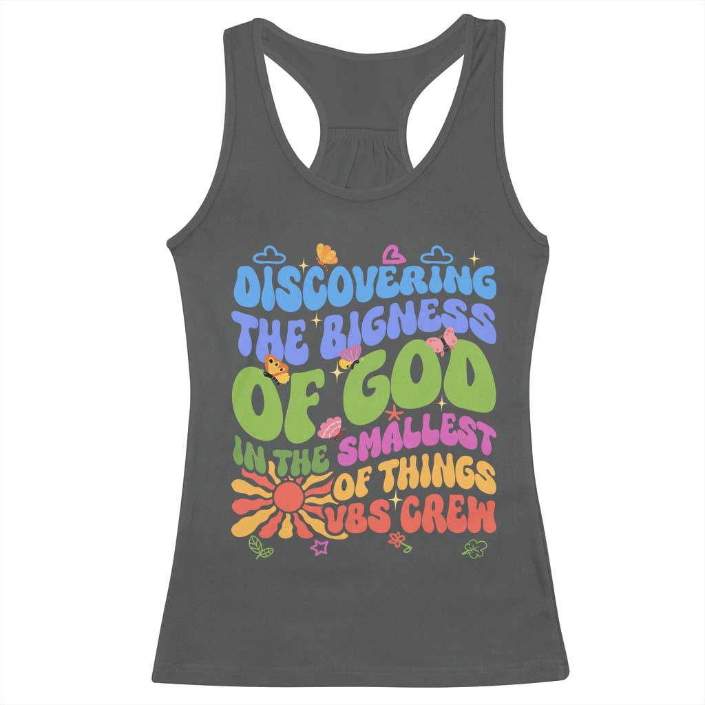 VBS 2025 Racerback Tank Top Discovering The Bigness Of God In The Smallest Of Things Retro Groovy TS02 Dark Heather Print Your Wear