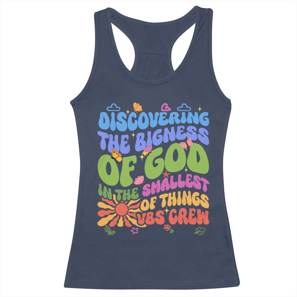 VBS 2025 Racerback Tank Top Discovering The Bigness Of God In The Smallest Of Things Retro Groovy TS02 Navy Print Your Wear