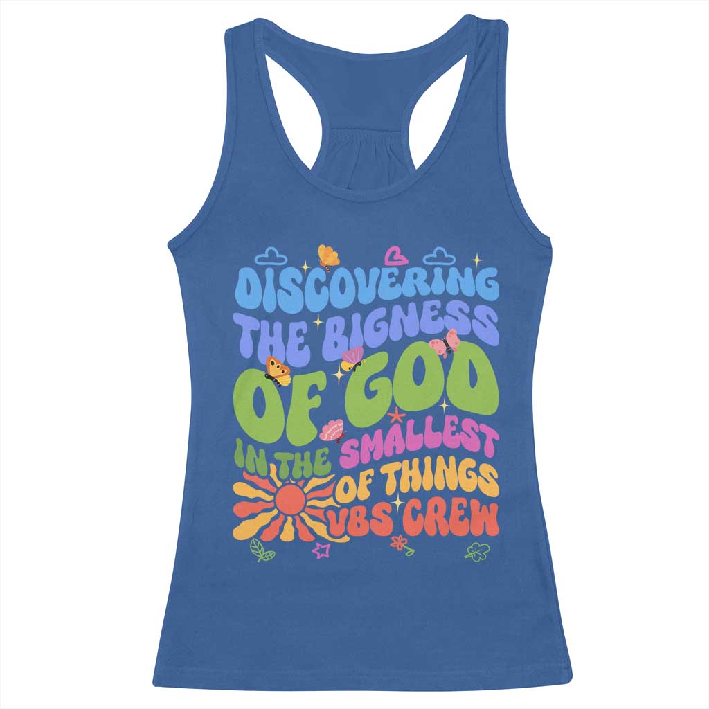 VBS 2025 Racerback Tank Top Discovering The Bigness Of God In The Smallest Of Things Retro Groovy TS02 Royal Blue Print Your Wear