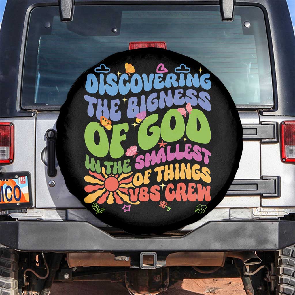 VBS 2025 Spare Tire Cover Discovering The Bigness Of God In The Smallest Of Things Retro Groovy TS02 No hole Black Print Your Wear