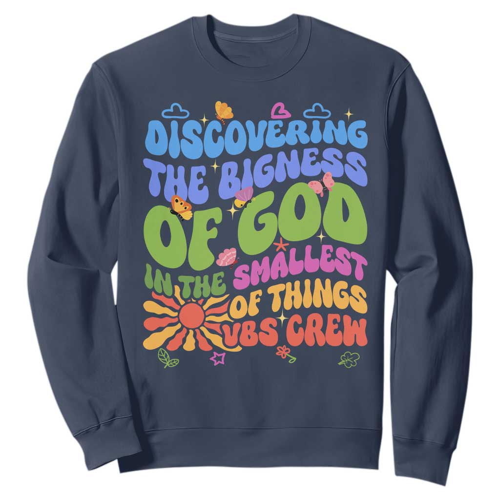 VBS 2025 Sweatshirt Discovering The Bigness Of God In The Smallest Of Things Retro Groovy TS02 Navy Print Your Wear