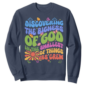VBS 2025 Sweatshirt Discovering The Bigness Of God In The Smallest Of Things Retro Groovy TS02 Navy Print Your Wear