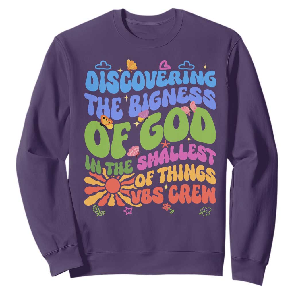 VBS 2025 Sweatshirt Discovering The Bigness Of God In The Smallest Of Things Retro Groovy TS02 Purple Print Your Wear