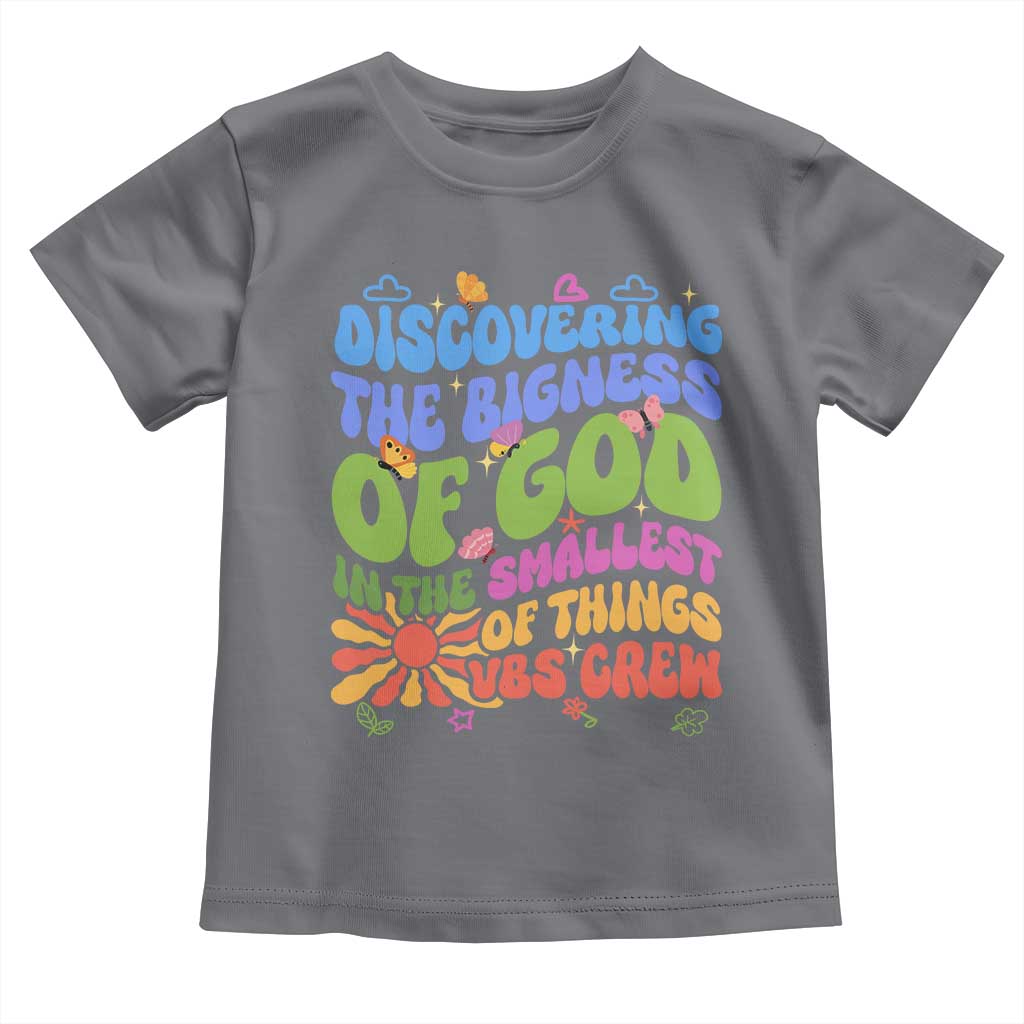 VBS 2025 Toddler T Shirt Discovering The Bigness Of God In The Smallest Of Things Retro Groovy TS02 Charcoal Print Your Wear
