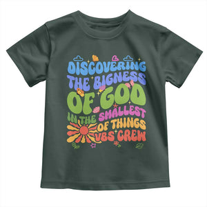 VBS 2025 Toddler T Shirt Discovering The Bigness Of God In The Smallest Of Things Retro Groovy TS02 Dark Forest Green Print Your Wear