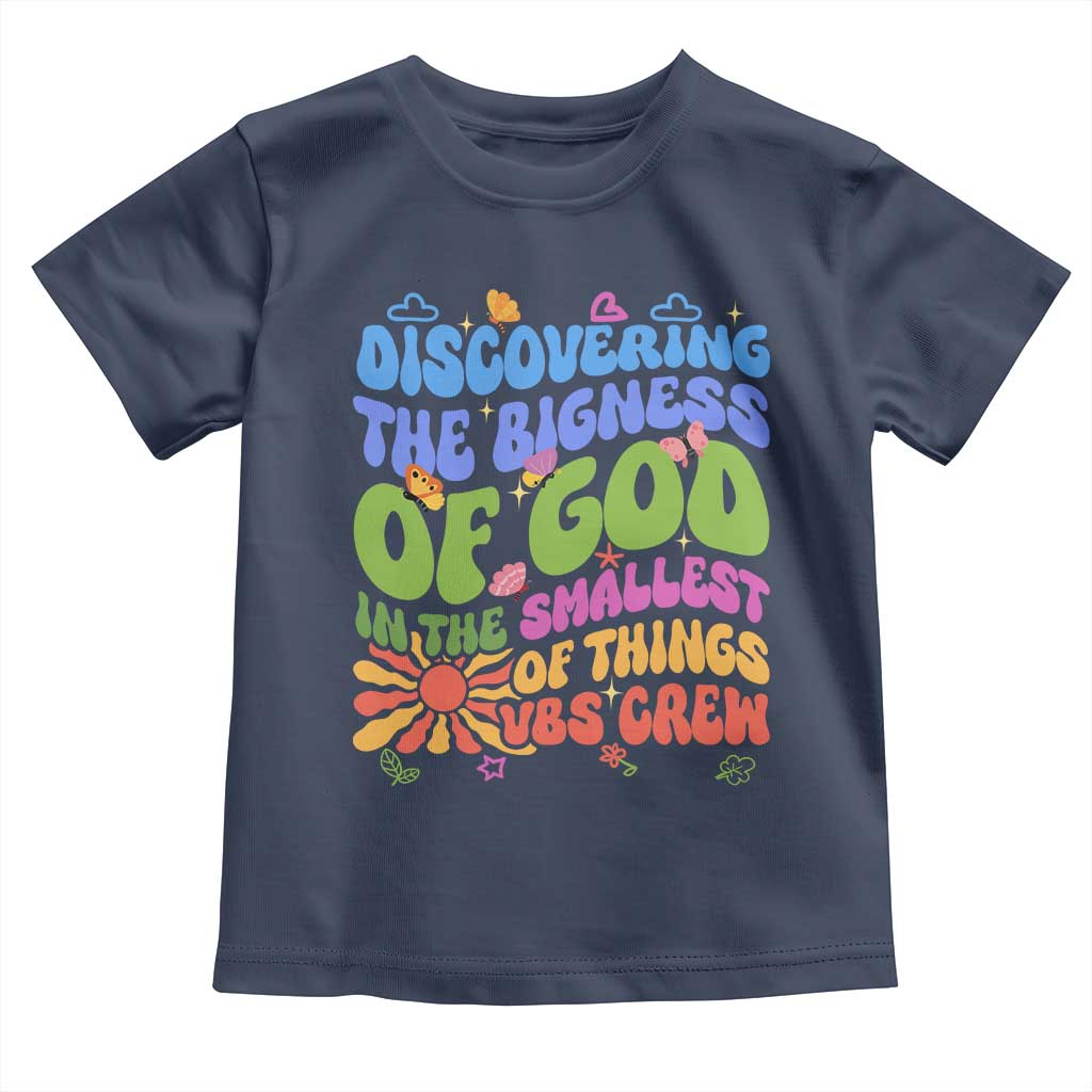VBS 2025 Toddler T Shirt Discovering The Bigness Of God In The Smallest Of Things Retro Groovy TS02 Navy Print Your Wear