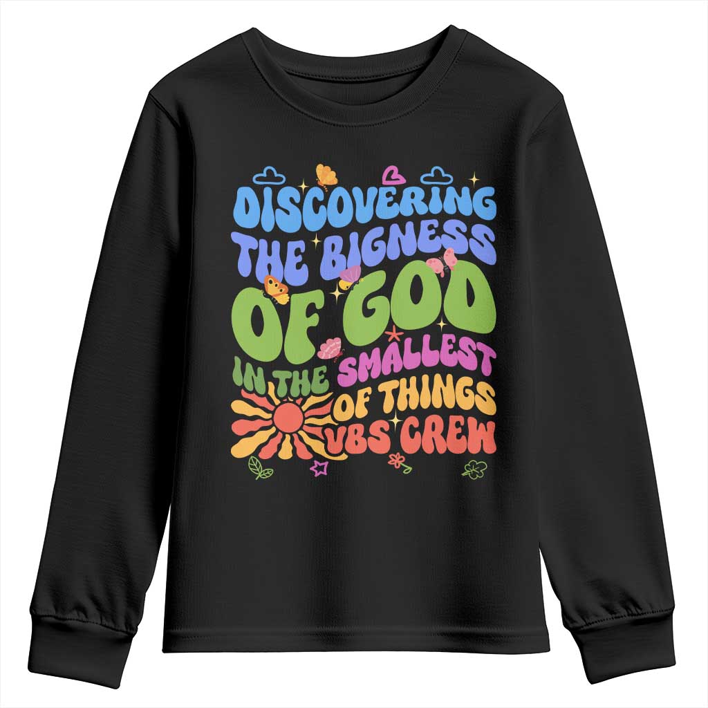 VBS 2025 Youth Sweatshirt Discovering The Bigness Of God In The Smallest Of Things Retro Groovy TS02 Black Print Your Wear