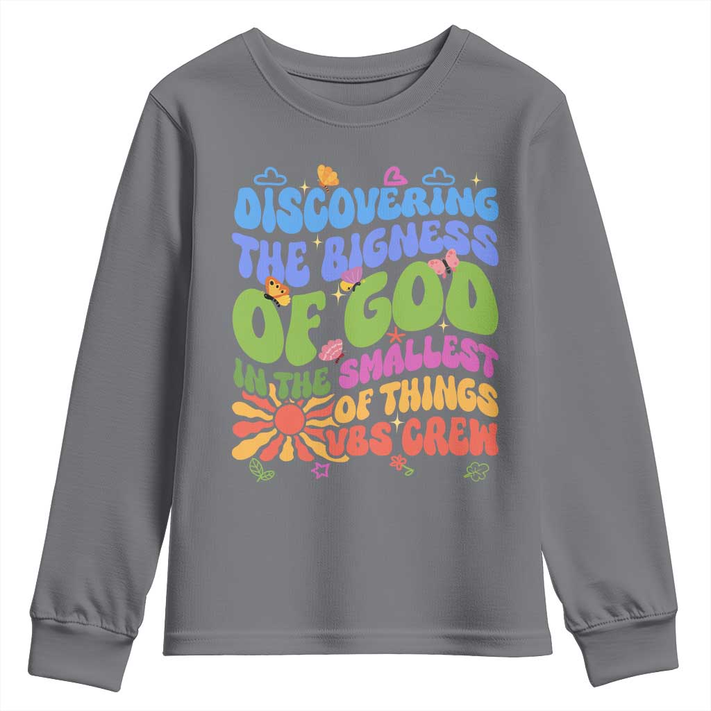 VBS 2025 Youth Sweatshirt Discovering The Bigness Of God In The Smallest Of Things Retro Groovy TS02 Charcoal Print Your Wear