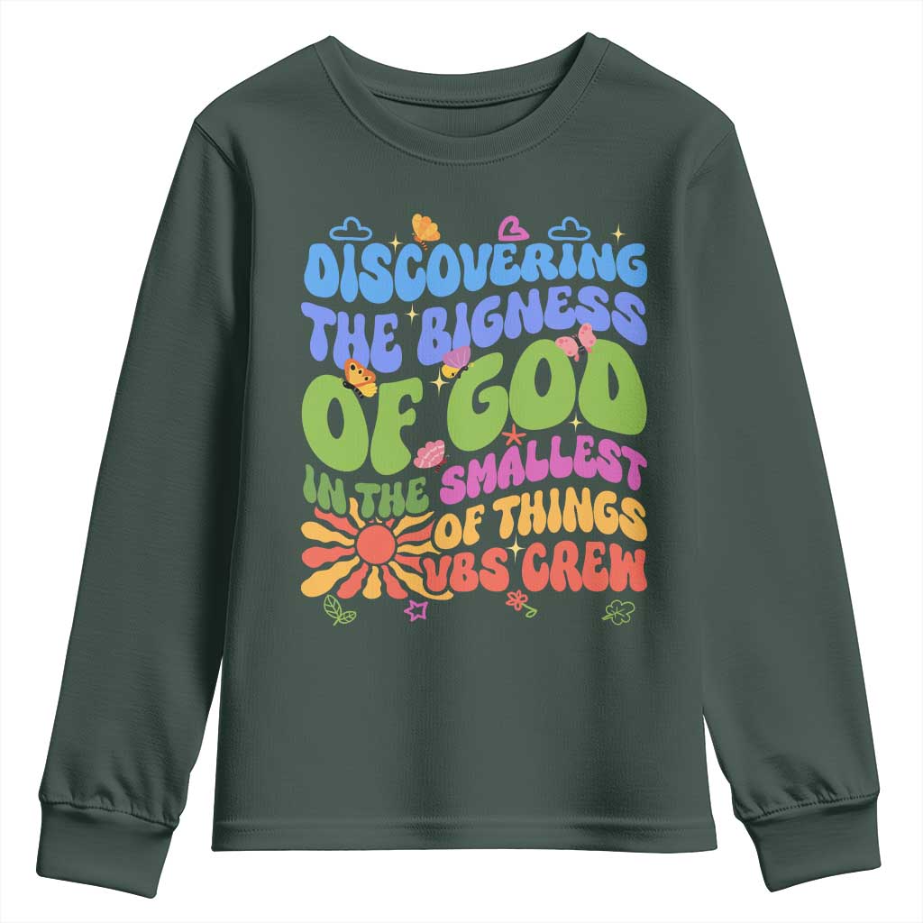 VBS 2025 Youth Sweatshirt Discovering The Bigness Of God In The Smallest Of Things Retro Groovy TS02 Dark Forest Green Print Your Wear
