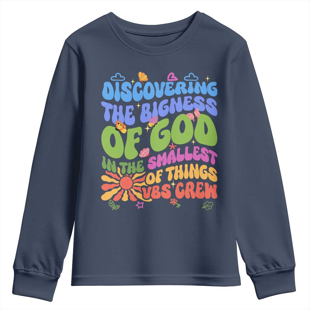 VBS 2025 Youth Sweatshirt Discovering The Bigness Of God In The Smallest Of Things Retro Groovy TS02 Navy Print Your Wear