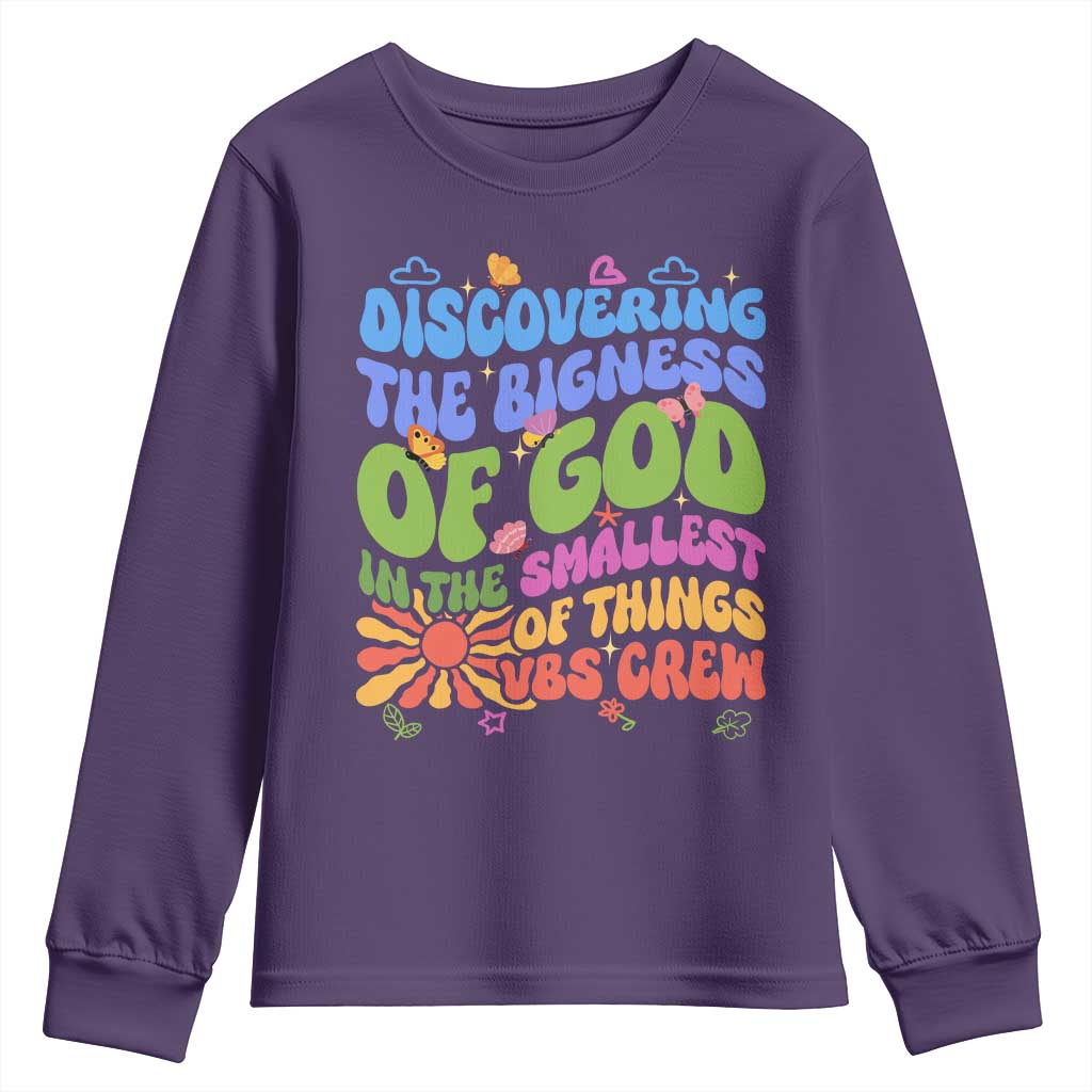 VBS 2025 Youth Sweatshirt Discovering The Bigness Of God In The Smallest Of Things Retro Groovy TS02 Purple Print Your Wear