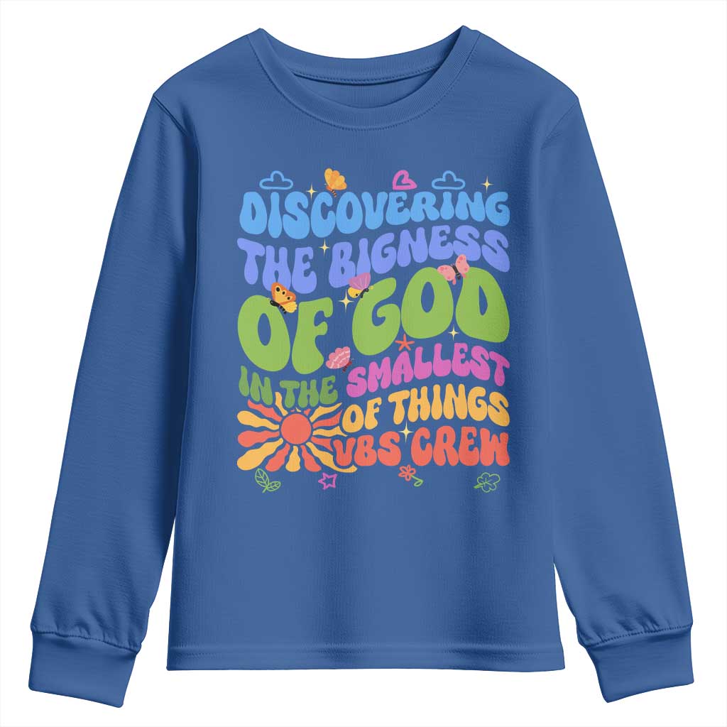 VBS 2025 Youth Sweatshirt Discovering The Bigness Of God In The Smallest Of Things Retro Groovy TS02 Royal Blue Print Your Wear