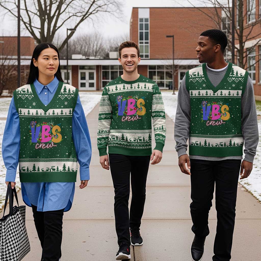 VBS Crew 2025 V-Neck Knit Sweater Vest Magninfied Vacation Bible School Adventure TS02 Forest Green Beige Print Your Wear