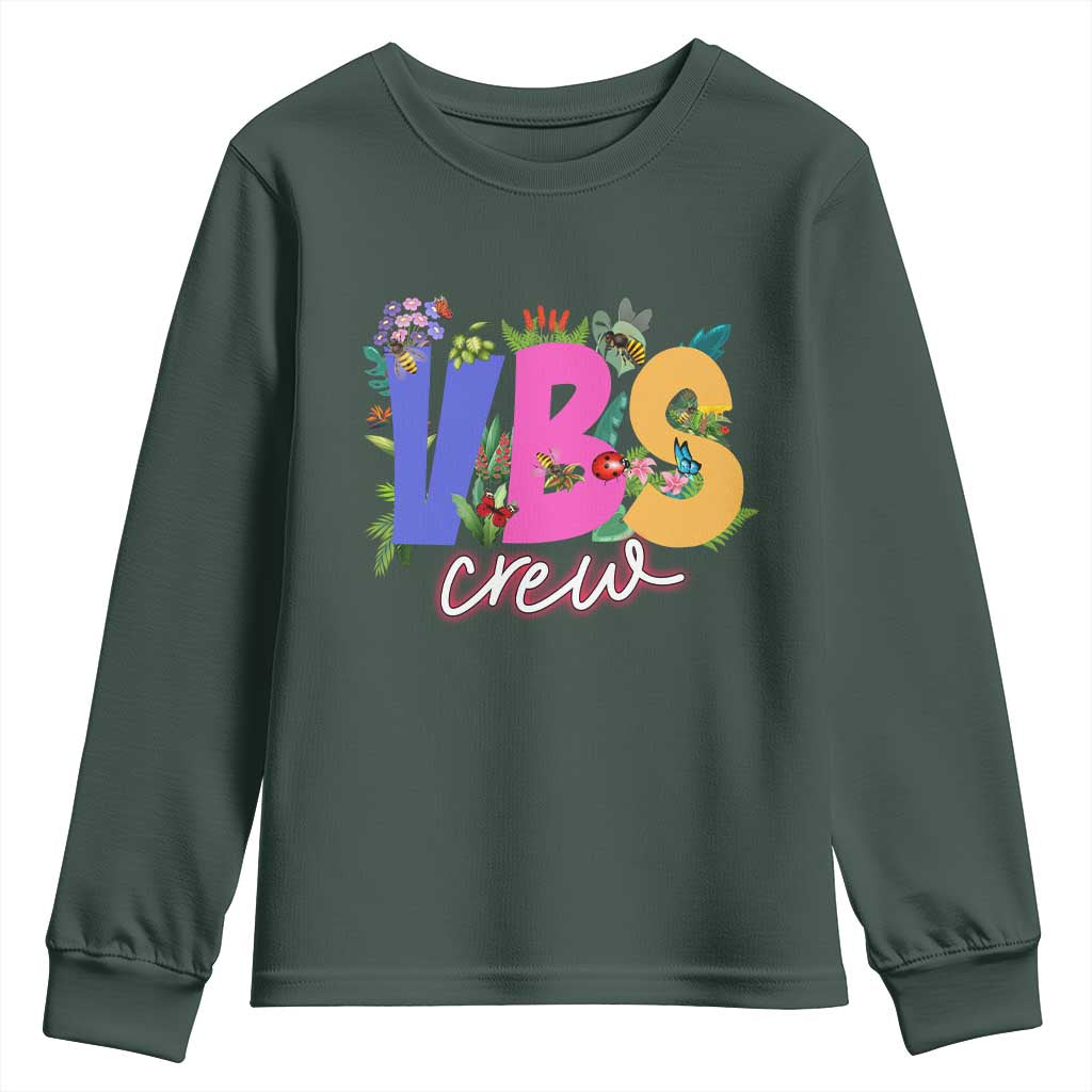 VBS Crew 2025 Youth Sweatshirt Magninfied Vacation Bible School Adventure TS02 Dark Forest Green Print Your Wear