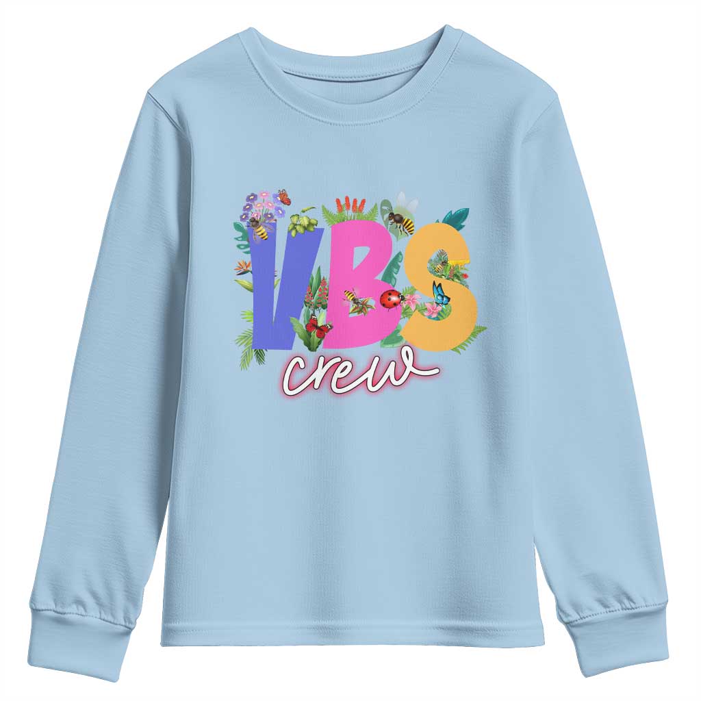 VBS Crew 2025 Youth Sweatshirt Magninfied Vacation Bible School Adventure TS02 Light Blue Print Your Wear