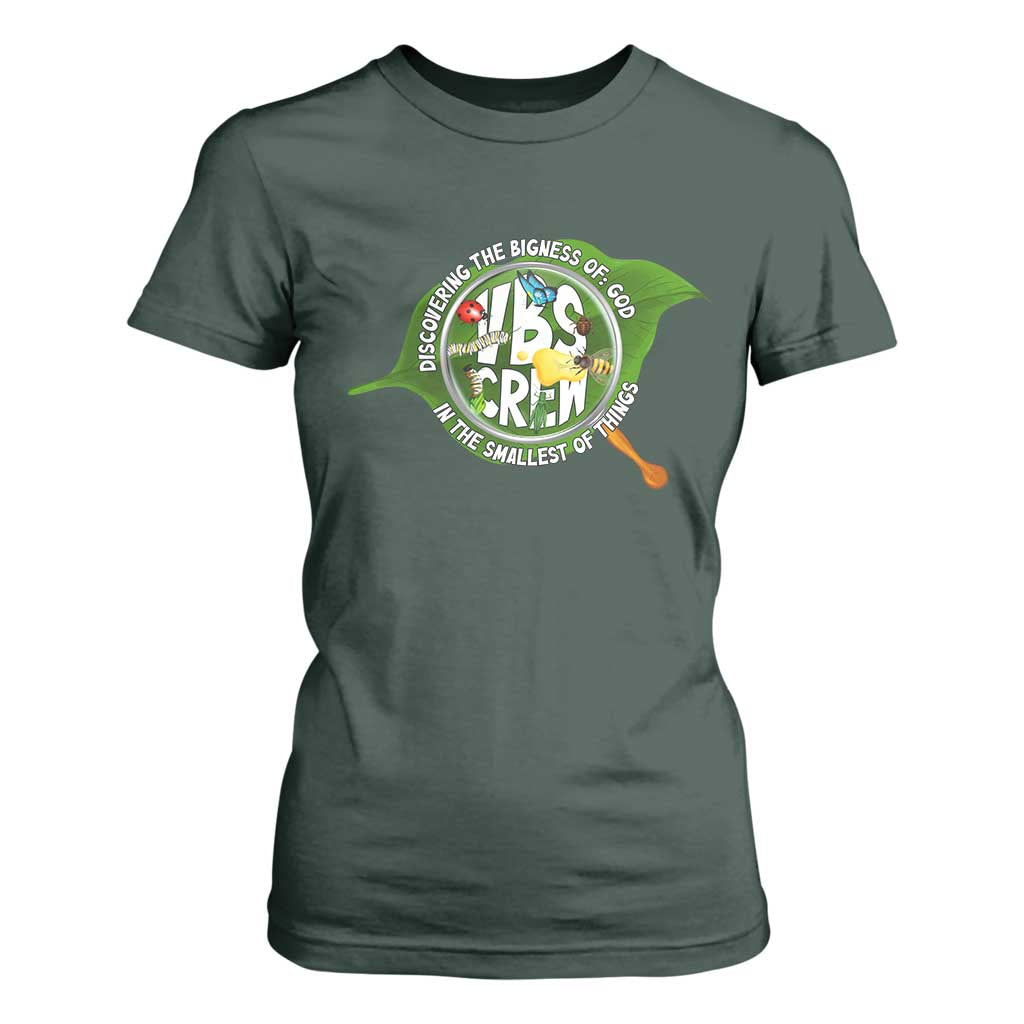 VBS Crew 2025 T Shirt For Women Magnified Discovering The Bigness Of God In The Smallest Of Things TS02 Dark Forest Green Print Your Wear