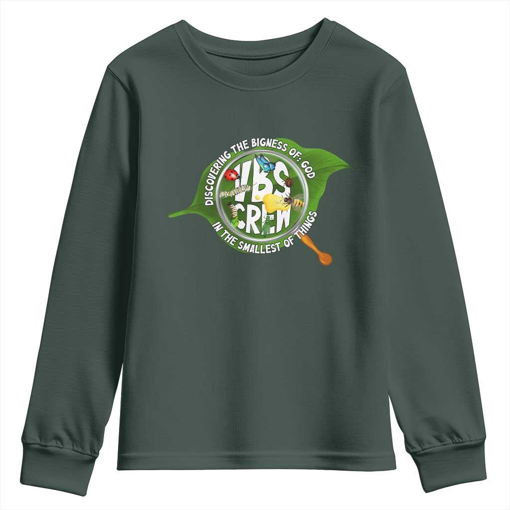 VBS Crew 2025 Youth Sweatshirt Magnified Discovering The Bigness Of God In The Smallest Of Things TS02 Dark Forest Green Print Your Wear