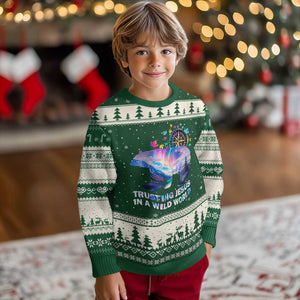 VBS 2025 Adventure Bear Ugly Christmas Sweater Trusting Jesus In A Wild World Northen Lights TS02 Forest Green Beige Print Your Wear