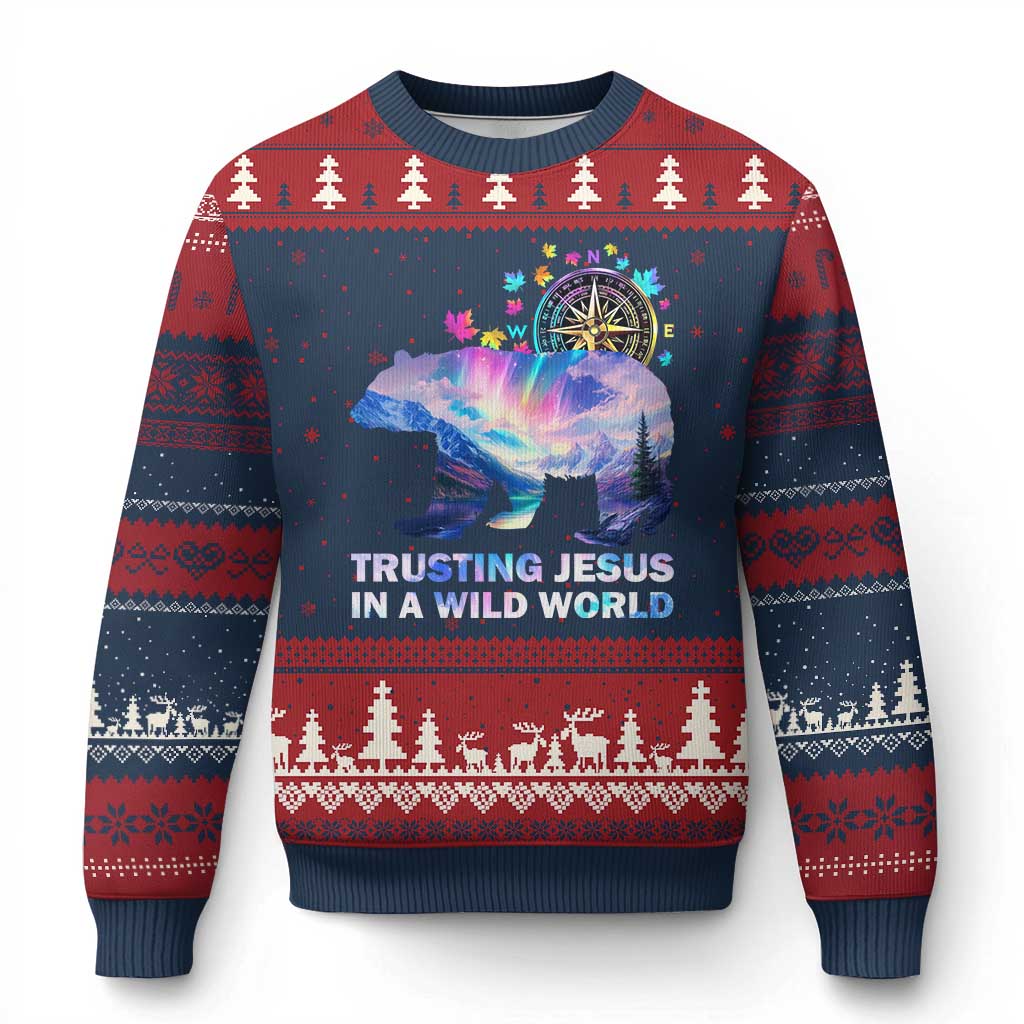 VBS 2025 Adventure Bear Ugly Christmas Sweater Trusting Jesus In A Wild World Northen Lights TS02 Navy Red Print Your Wear