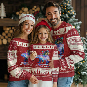VBS 2025 Adventure Bear Ugly Christmas Sweater Trusting Jesus In A Wild World Northen Lights TS02 Red Beige Print Your Wear
