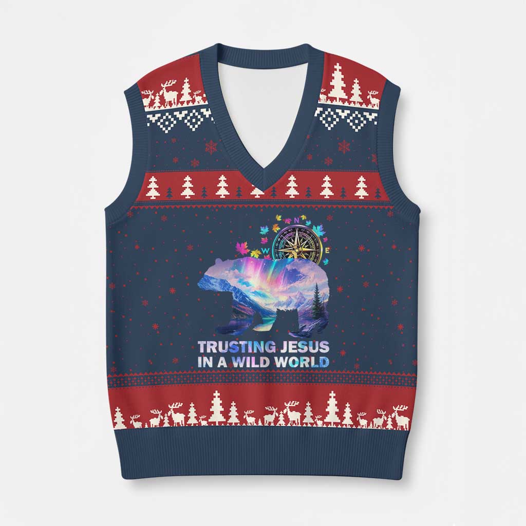 VBS 2025 Adventure Bear V-Neck Knit Sweater Vest Trusting Jesus In A Wild World Northen Lights TS02 Navy Red Print Your Wear