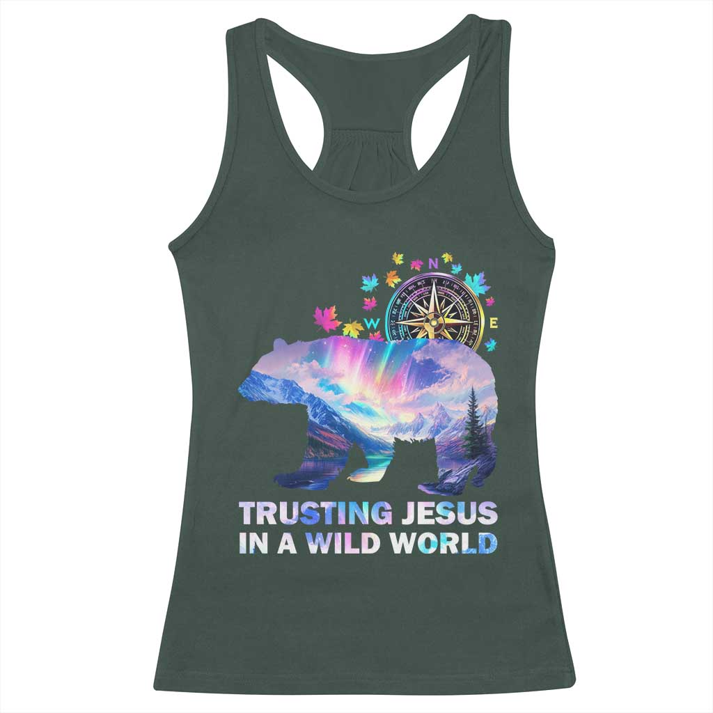 VBS 2025 Adventure Bear Racerback Tank Top Trusting Jesus In A Wild World Northen Lights TS02 Dark Forest Green Print Your Wear