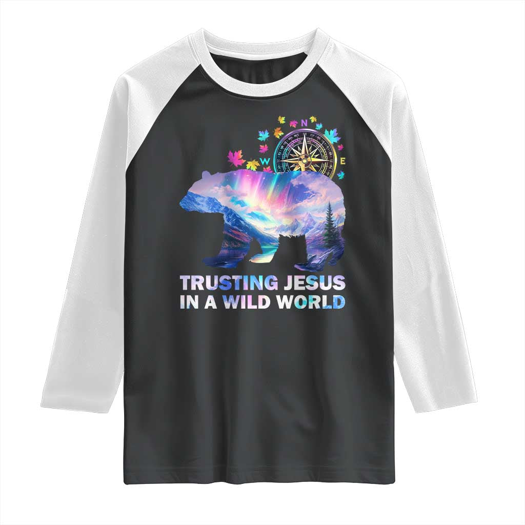 VBS 2025 Adventure Bear Raglan Shirt Trusting Jesus In A Wild World Northen Lights TS02 Black White Print Your Wear
