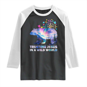 VBS 2025 Adventure Bear Raglan Shirt Trusting Jesus In A Wild World Northen Lights TS02 Black White Print Your Wear