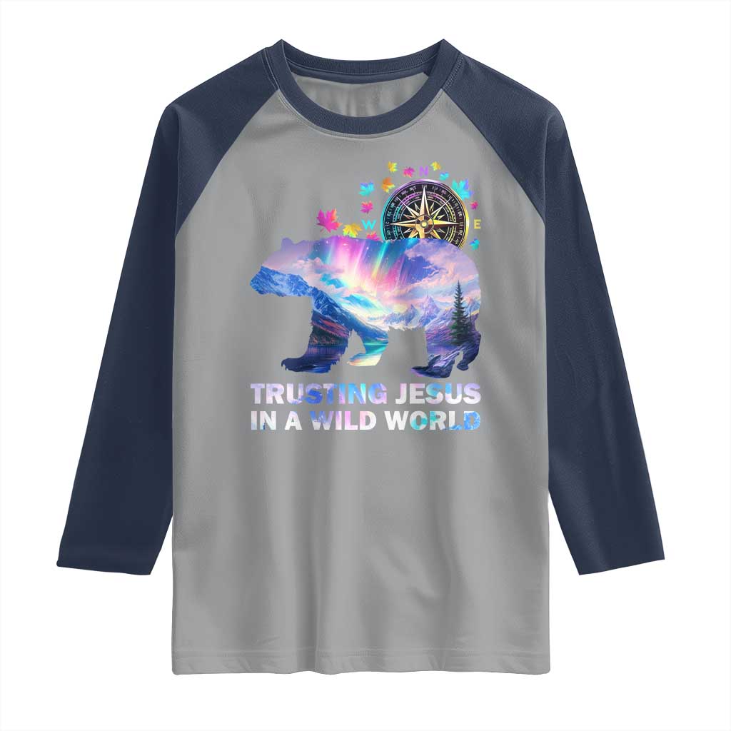 VBS 2025 Adventure Bear Raglan Shirt Trusting Jesus In A Wild World Northen Lights TS02 Sport Gray Navy Print Your Wear