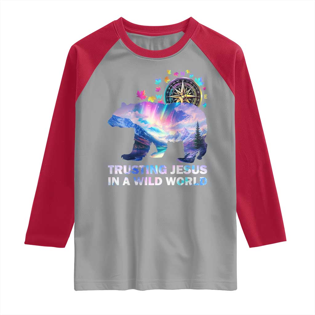 VBS 2025 Adventure Bear Raglan Shirt Trusting Jesus In A Wild World Northen Lights TS02 Sport Gray Red Print Your Wear