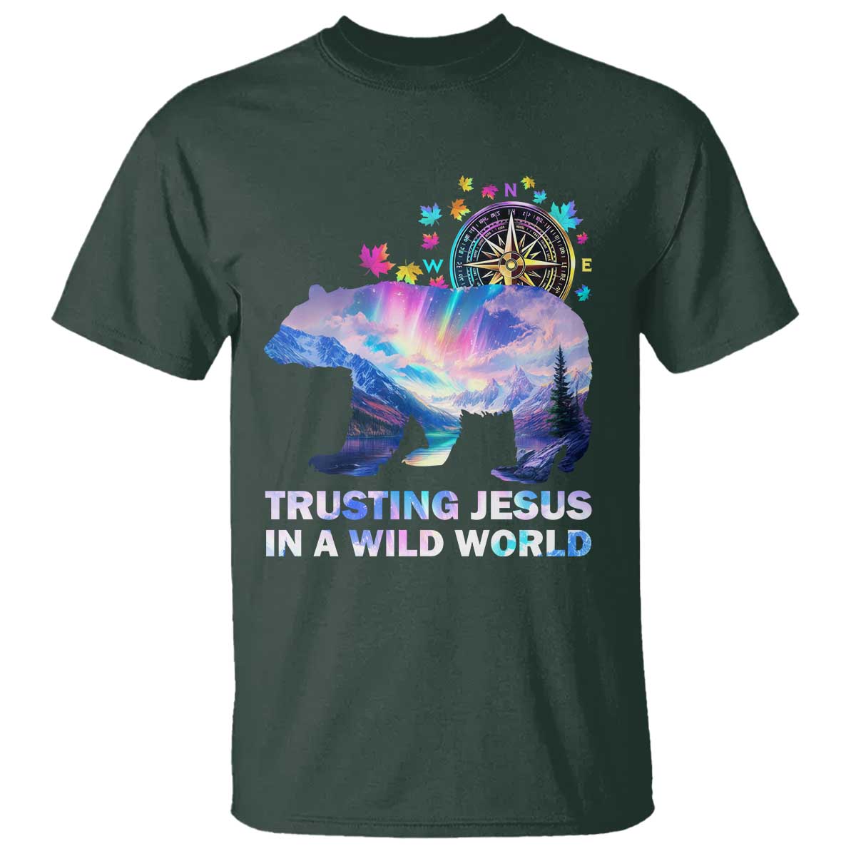 VBS 2025 Adventure Bear T Shirt Trusting Jesus In A Wild World Northen Lights TS02 Dark Forest Green Print Your Wear