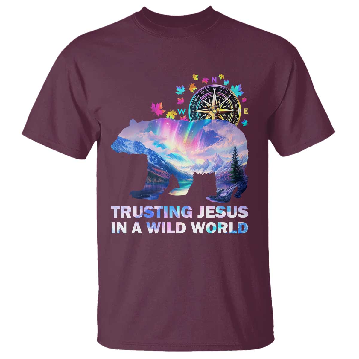 VBS 2025 Adventure Bear T Shirt Trusting Jesus In A Wild World Northen Lights TS02 Maroon Print Your Wear