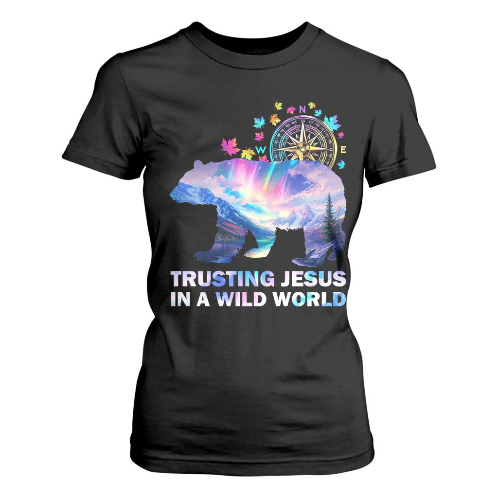 VBS 2025 Adventure Bear T Shirt For Women Trusting Jesus In A Wild World Northen Lights TS02 Black Print Your Wear