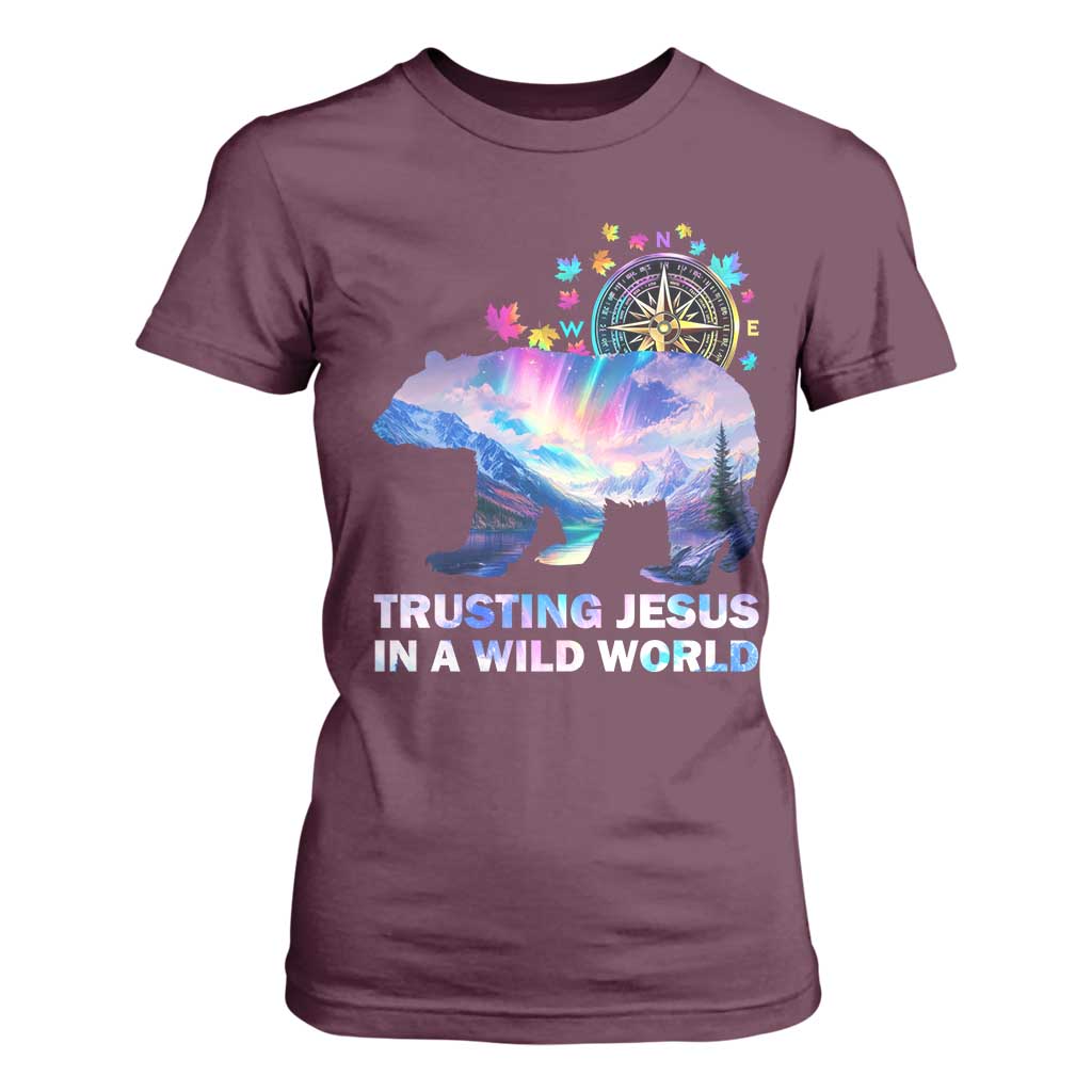 VBS 2025 Adventure Bear T Shirt For Women Trusting Jesus In A Wild World Northen Lights TS02 Maroon Print Your Wear