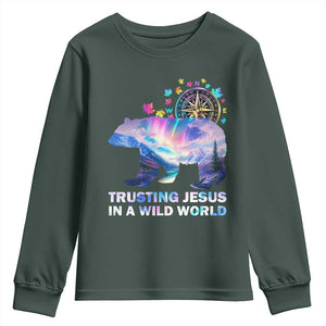 VBS 2025 Adventure Bear Youth Sweatshirt Trusting Jesus In A Wild World Northen Lights TS02 Dark Forest Green Print Your Wear