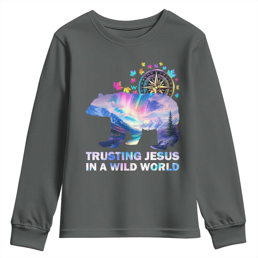 VBS 2025 Adventure Bear Youth Sweatshirt Trusting Jesus In A Wild World Northen Lights TS02 Dark Heather Print Your Wear