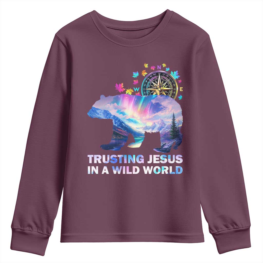 VBS 2025 Adventure Bear Youth Sweatshirt Trusting Jesus In A Wild World Northen Lights TS02 Maroon Print Your Wear