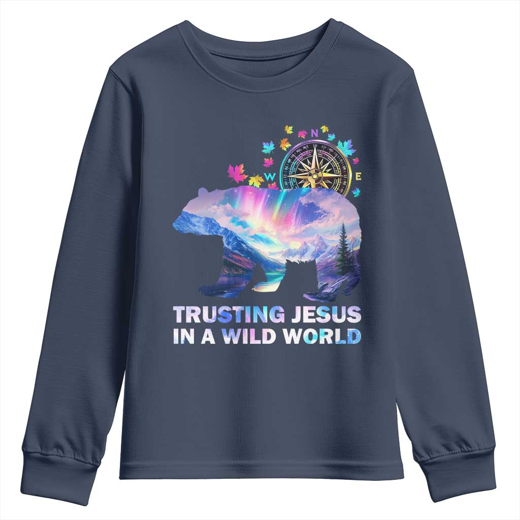VBS 2025 Adventure Bear Youth Sweatshirt Trusting Jesus In A Wild World Northen Lights TS02 Navy Print Your Wear