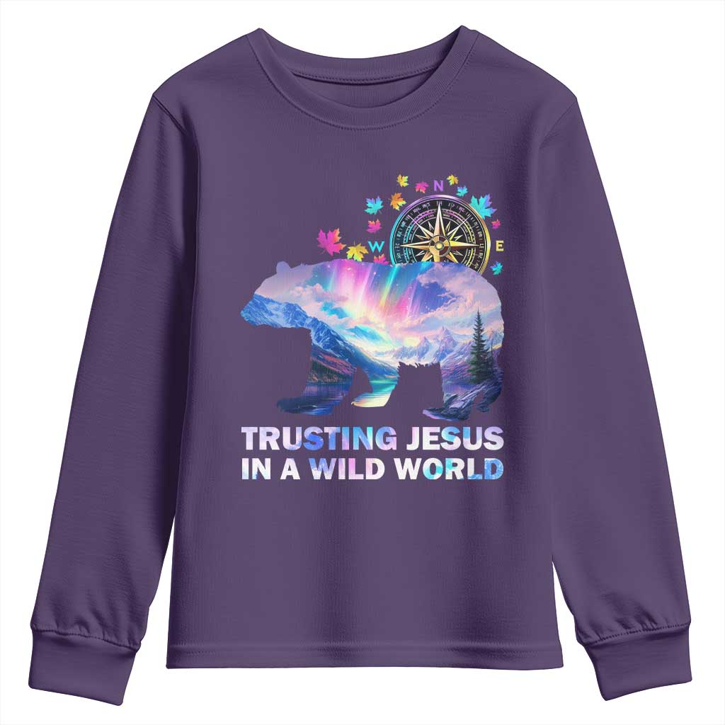 VBS 2025 Adventure Bear Youth Sweatshirt Trusting Jesus In A Wild World Northen Lights TS02 Purple Print Your Wear
