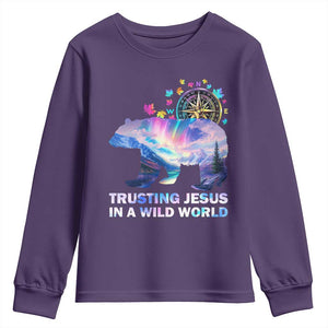 VBS 2025 Adventure Bear Youth Sweatshirt Trusting Jesus In A Wild World Northen Lights TS02 Purple Print Your Wear