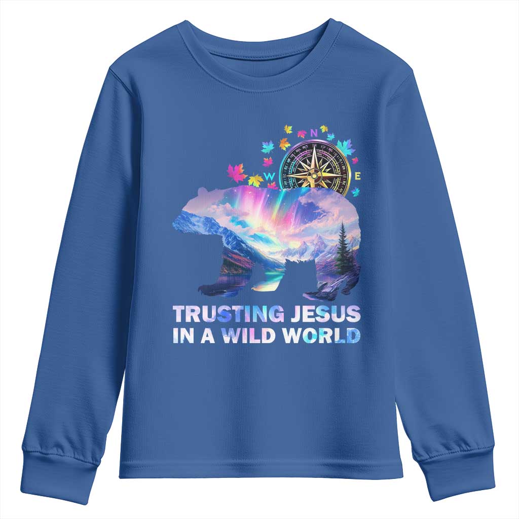 VBS 2025 Adventure Bear Youth Sweatshirt Trusting Jesus In A Wild World Northen Lights TS02 Royal Blue Print Your Wear