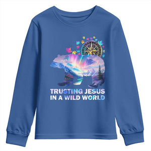 VBS 2025 Adventure Bear Youth Sweatshirt Trusting Jesus In A Wild World Northen Lights TS02 Royal Blue Print Your Wear