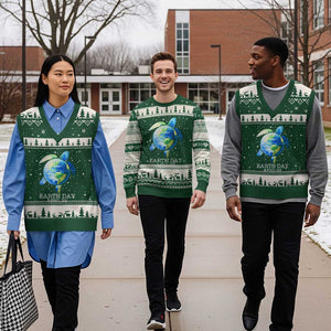 Earth Day Sea Turtle V-Neck Knit Sweater Vest Restore Earth Save The Planet TS02 Forest Green Beige Print Your Wear